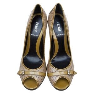 Fendi Mustard Yellow Patent Leather Perforated Pumps Heels size 38.5